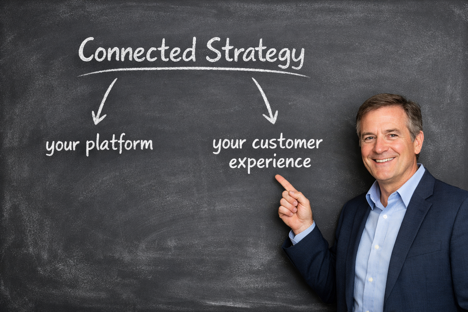 A person pointing at a blackboard with the following on the blackboard Connected Strategy at the top with lines to your platform and your customer exp