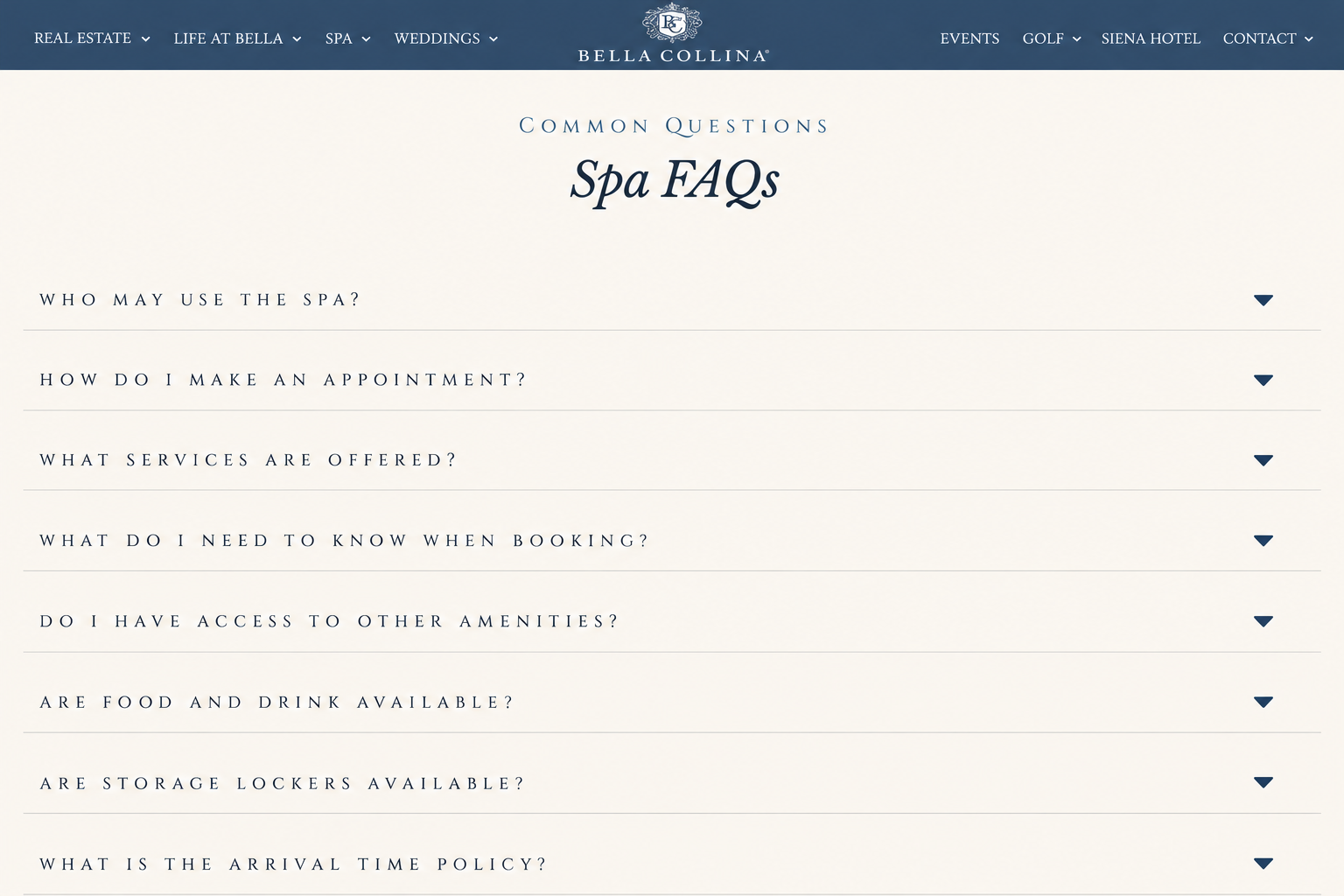 Example of Bella Collina Spa FAQs
