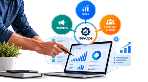 Revenue Operations illustration showing Marketing, Sales, and Customer Success linked to a central RevOps hub above a laptop displaying revenue analytics