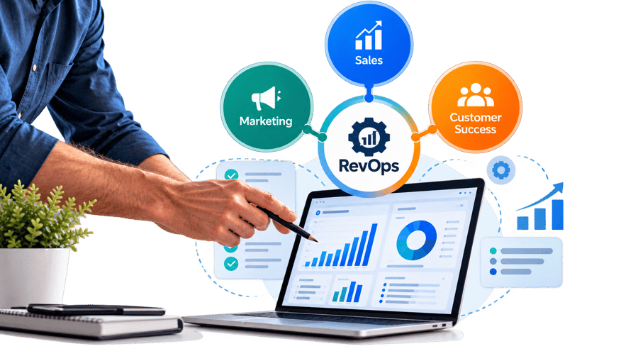 Revenue Operations illustration showing Marketing, Sales, and Customer Success linked to a central RevOps hub above a laptop displaying revenue analytics